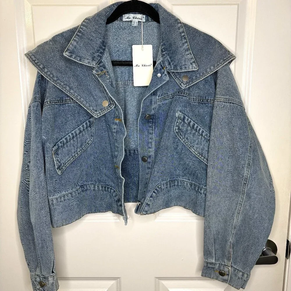 Bold Bib Collar Blue Jean Jacket – Trendy Cropped Cut - Picture 1 of 15